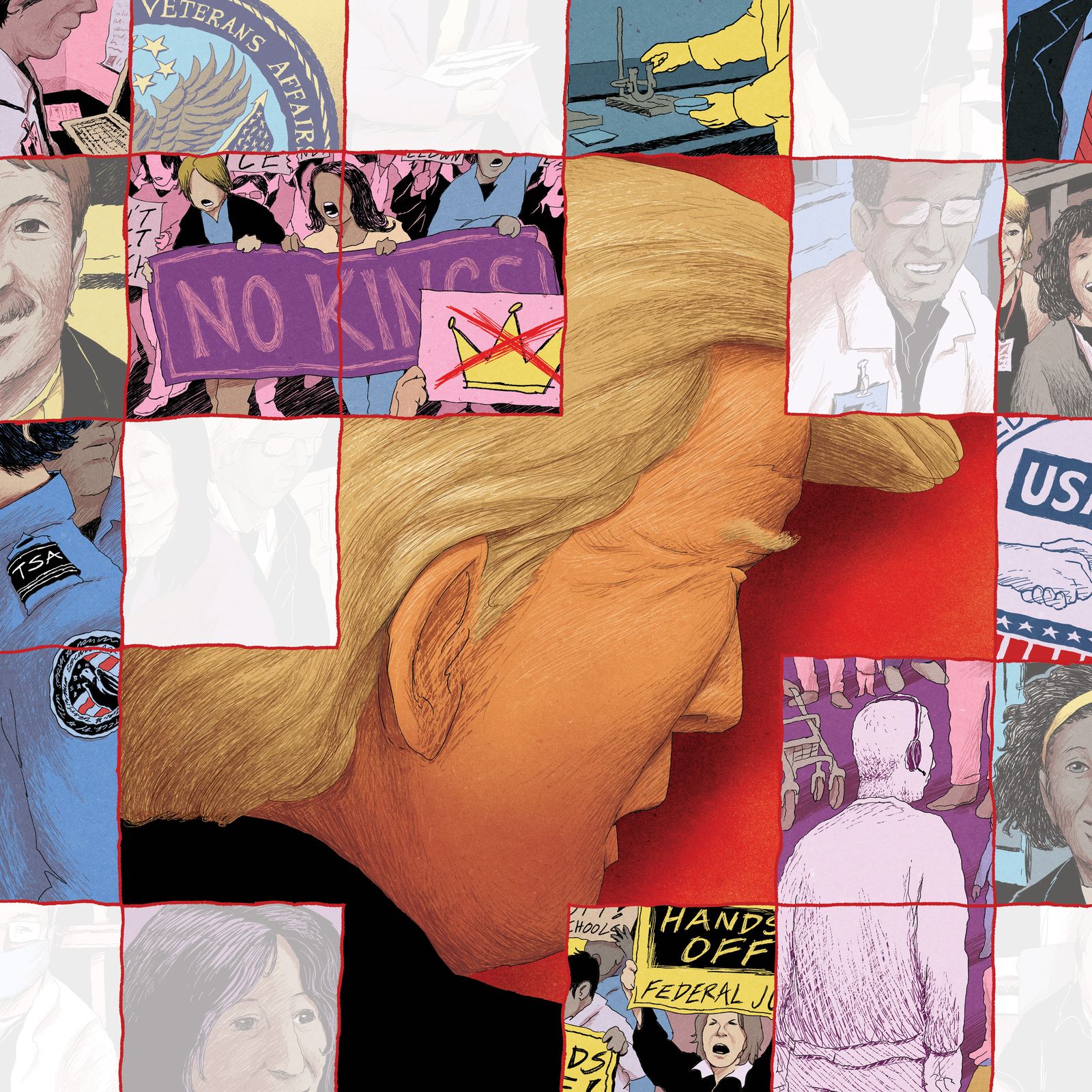 An illustration of Donald Trump protesters and government officials.