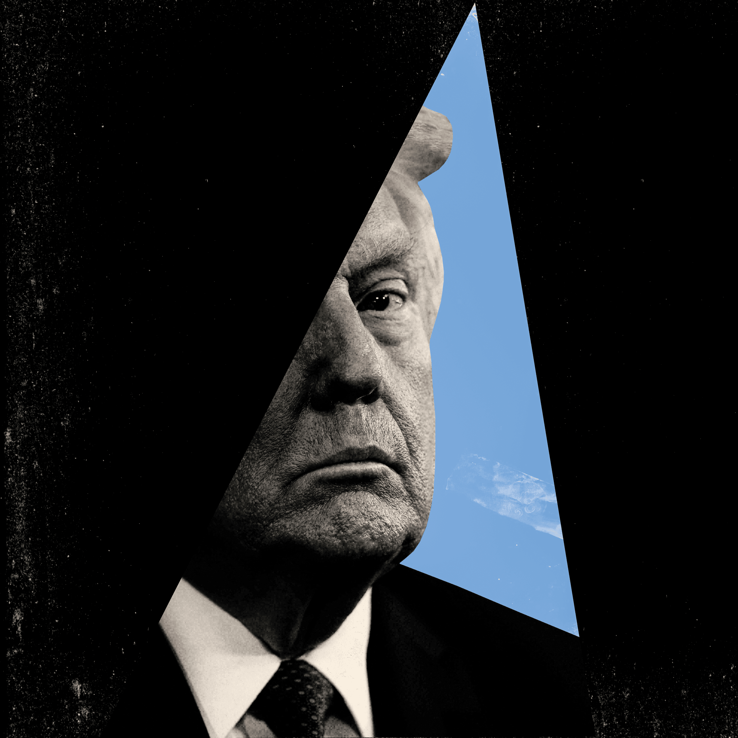 A collage of Donald Trumps face peeking out of a triangle cutout.